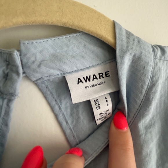 Aware by Vero Mode Blue Mock Neck Puff Sleeve Dress Sz L Keyhole Back Preppy - Picture 4 of 6